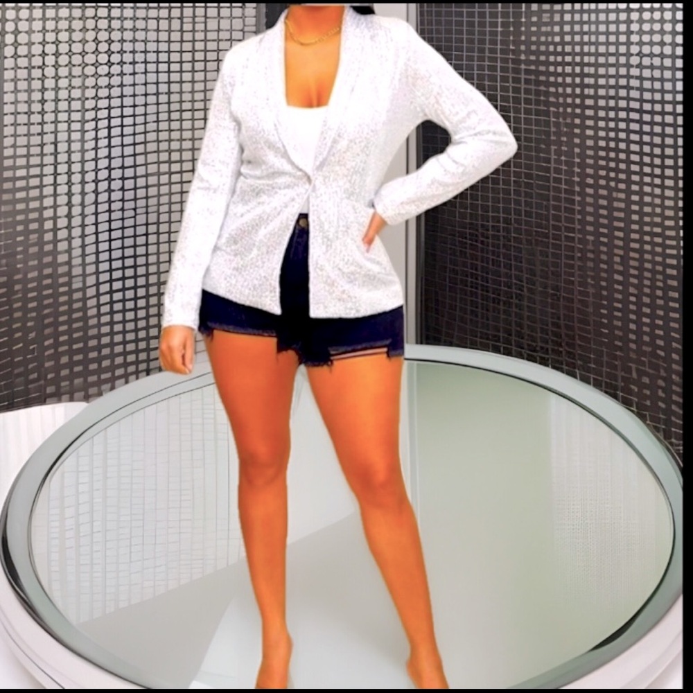Sexy Rare Blazer Hand Sewn Silver Sequins Lining Button Big Side Pockets Blazer